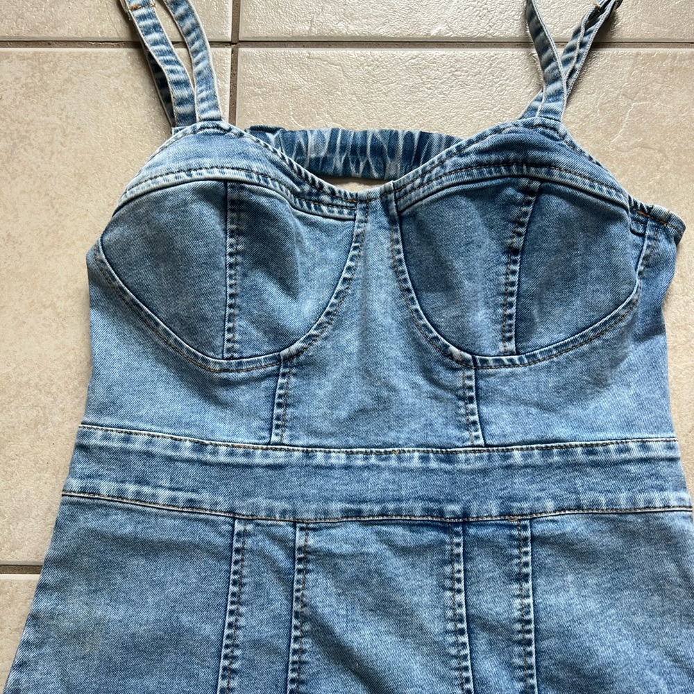 Fitted Blue Denim Mini Dress with Bustier Bodice - Picture 3 of 4